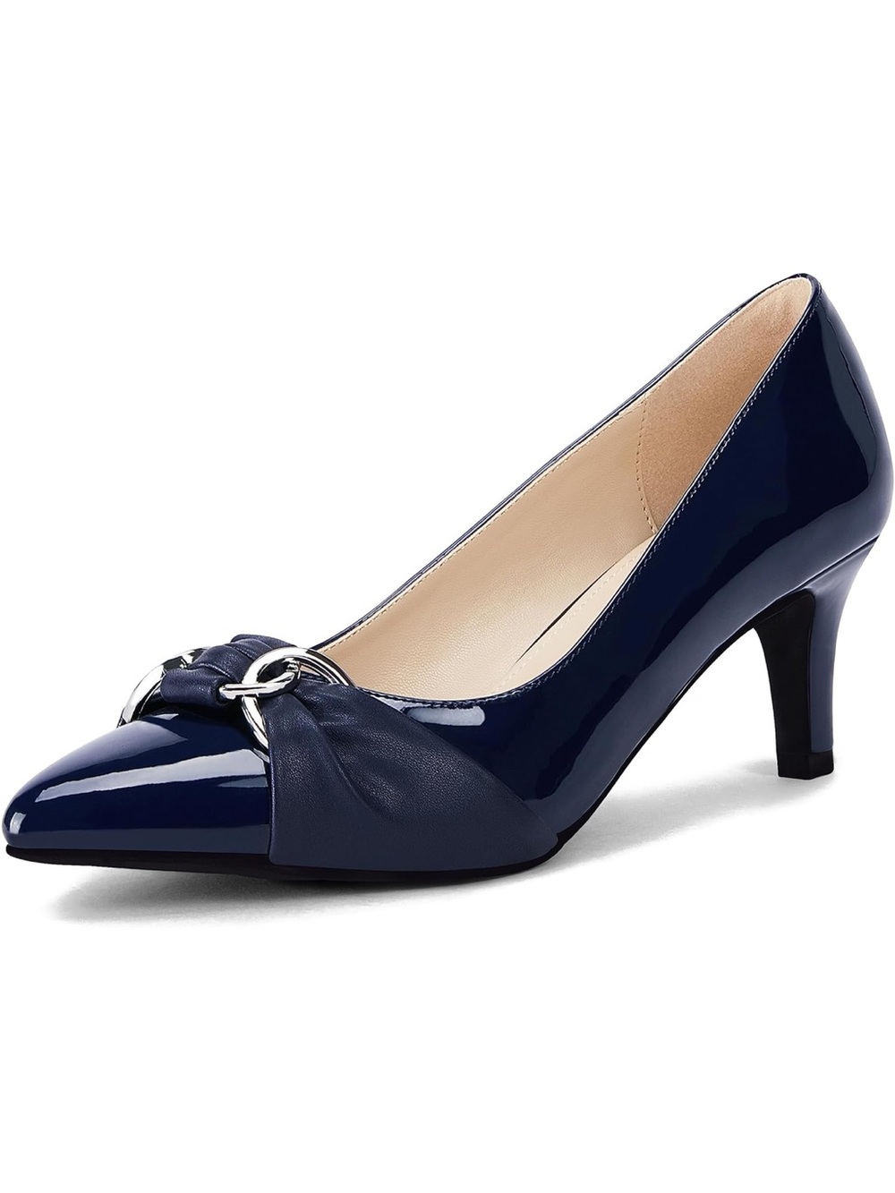 Navy Patent Leather Pointed Toe Low Heel Pump with Silver Accent